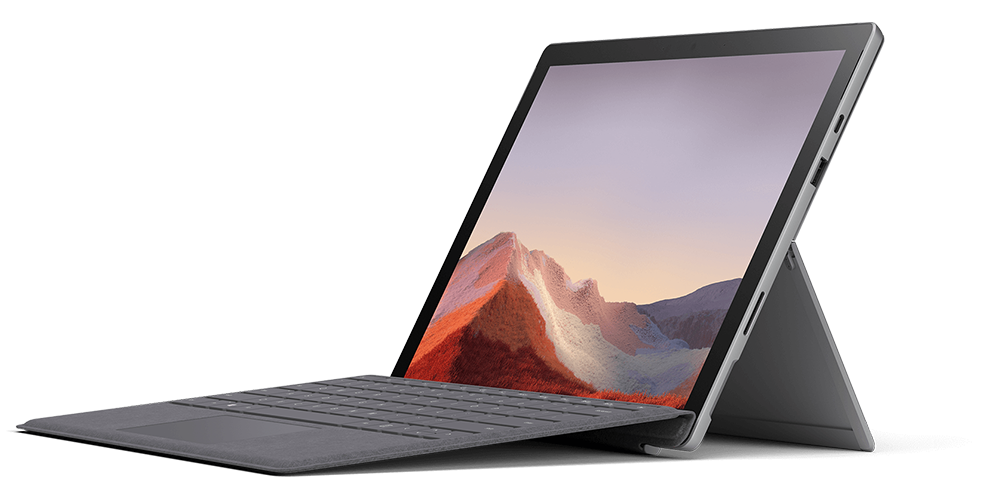 典雅黑和亮铂金的 Surface Pro 7 搭配各种颜色的键盘盖和配件
