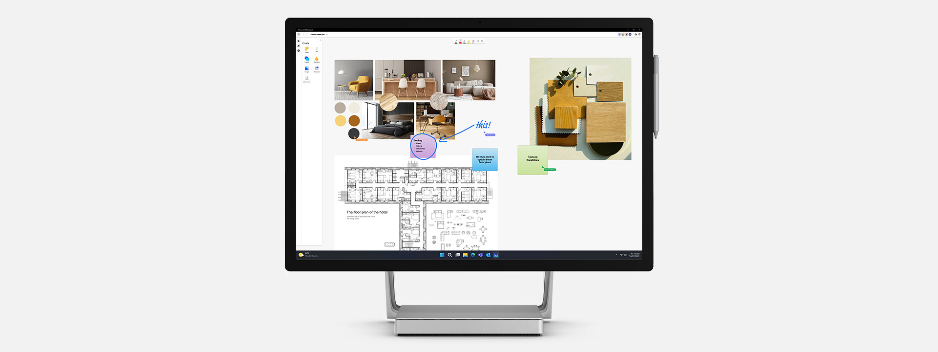 Surface Studio 2+ 商用版屏幕中显示 Teams* 中的 Microsoft Whiteboard。