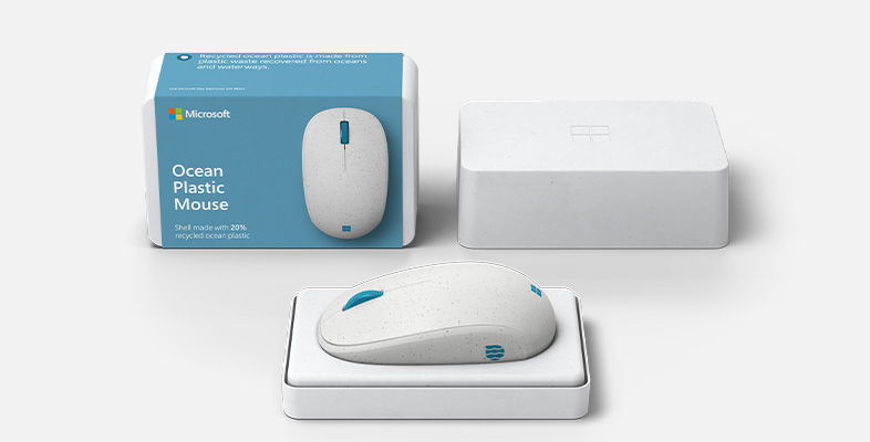 Microsoft Ocean Mouse 的包装，显示包装盒外部及标签、包装盒内部和鼠标。