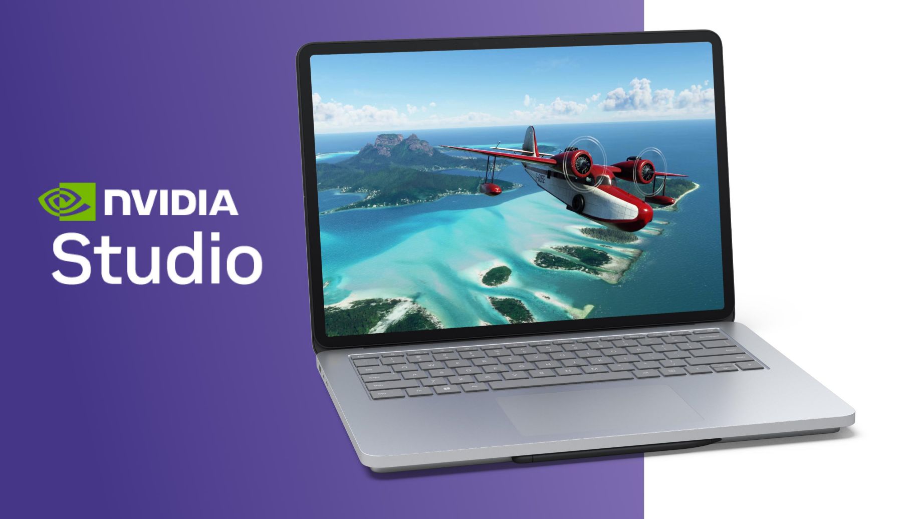 Surface Laptop Studio 2 显示 Microsoft Simulator 屏幕，NVIDIA 芯片图像覆盖在设备上。