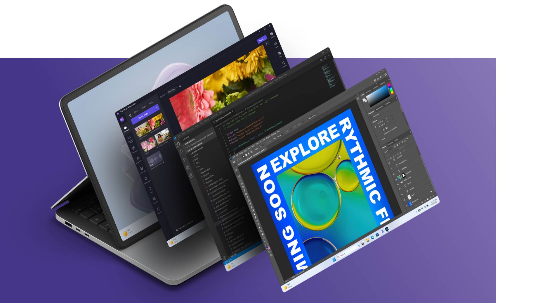 Surface Laptop Studio 2 显示 Windows bloom 屏幕，Clipchamp、Xbox 和 Adobe Photoshop 屏幕堆叠在设备前方。