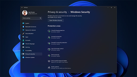 显示由 Windows 11 专业版提供的隐私和安全设置的屏幕。