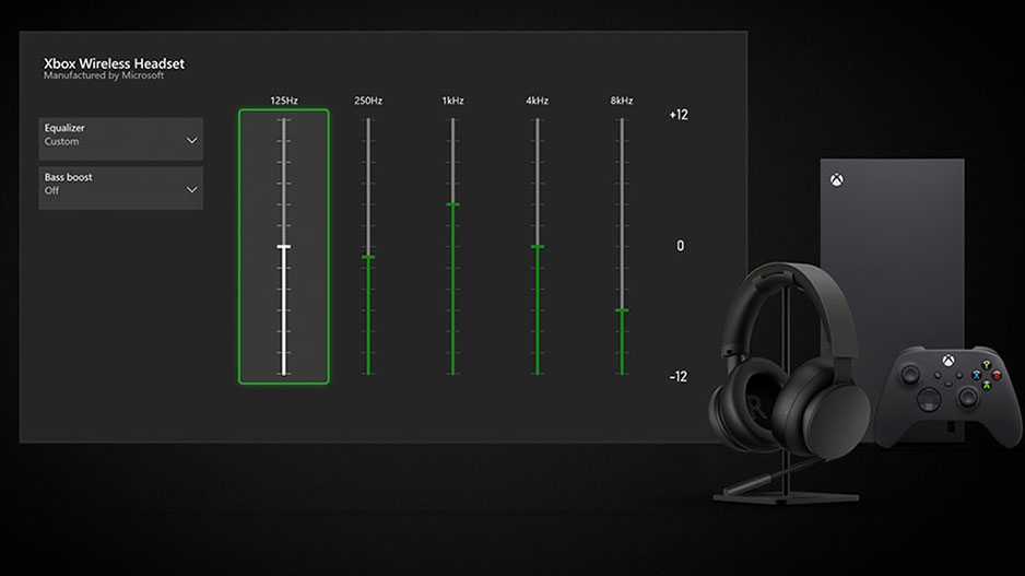 Xbox 无线耳机的声音设置，耳机和 Xbox X 系列以及 Xbox 无线手柄位于侧面。